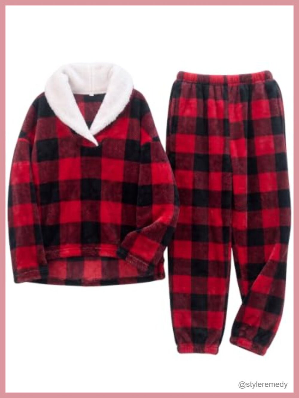 Men's Plaid Fleece Pajama Set Fluffy Coral Fleece Pullover Top & Pants